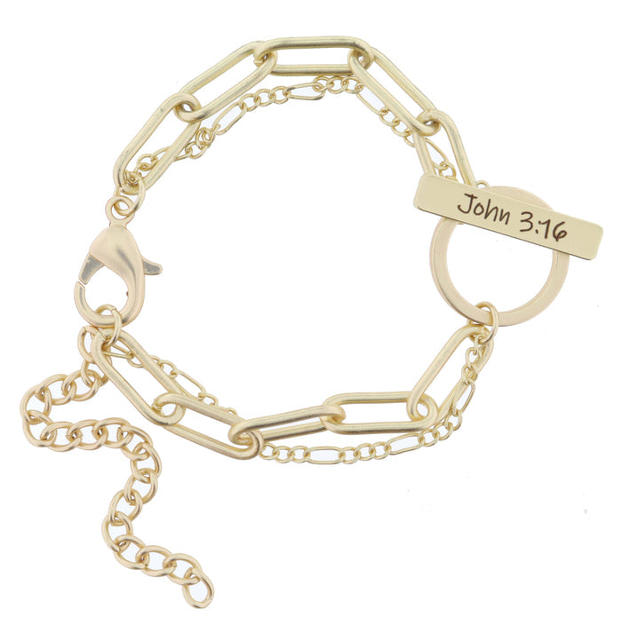2 Strand, Gold Chains with Gold "John 3:16" Toggle Bracelet