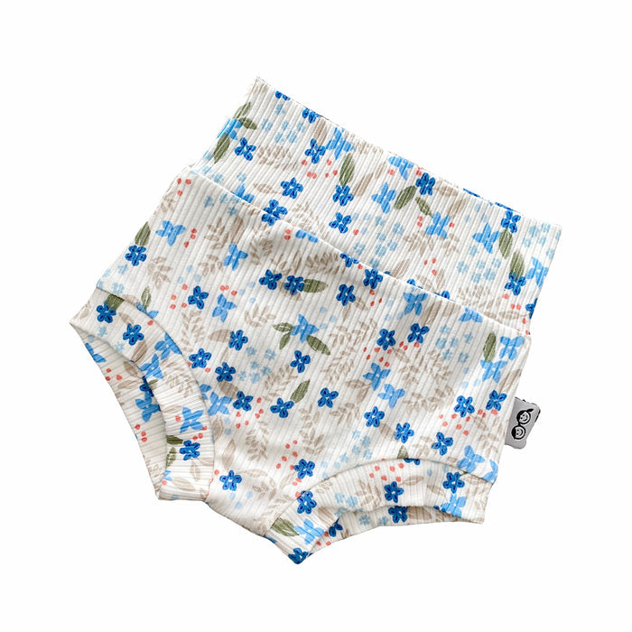 Blue Tone Dainty Flowers on White Ribbed Bummies