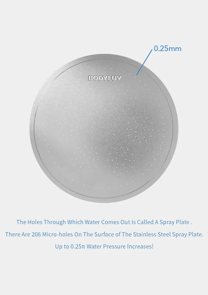 A round stainless steel spray plate with a textured metallic finish, featuring a blue line pointing to it with the text '0.25mm'.