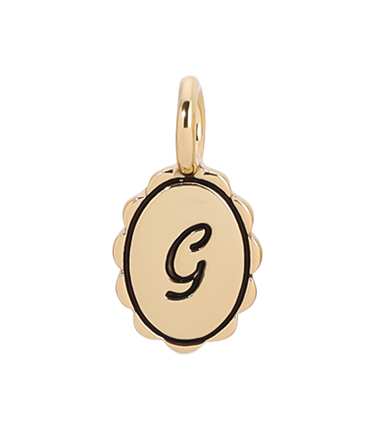 Gold scalloped initial charm with the letter G from Lucky Feather's Charm Garden collection, featuring intricate scalloped edges.