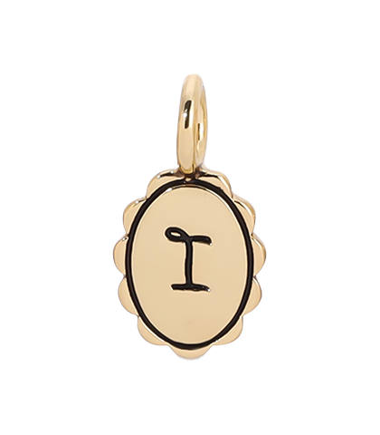 Lucky Feather Gold Charm with scalloped edge and initial I, a stylish accessory charm for jewelry making or adornment.