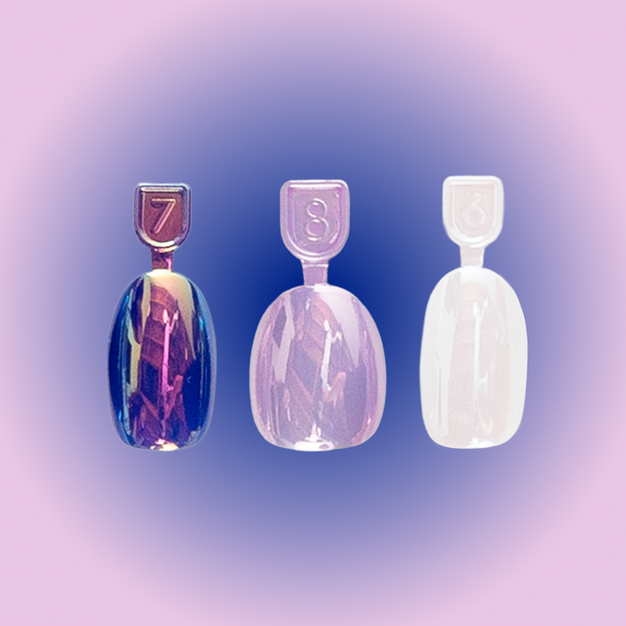 Chrome Party Pressie Trio showcasing three different chrome effect press-on nails in blue, lavender, and white shades