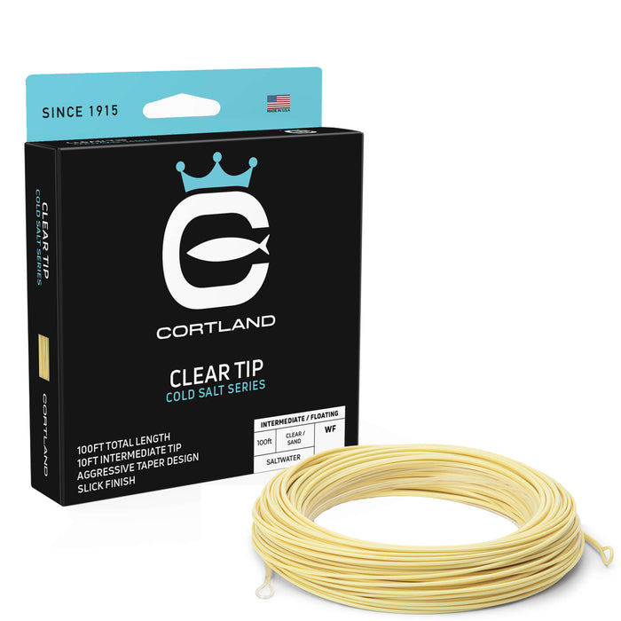 Clear Tip Cold Salt Series Fly Line Box and Coil. The coil is clear and sand. The box has the Cortland logo and is black and light blue.