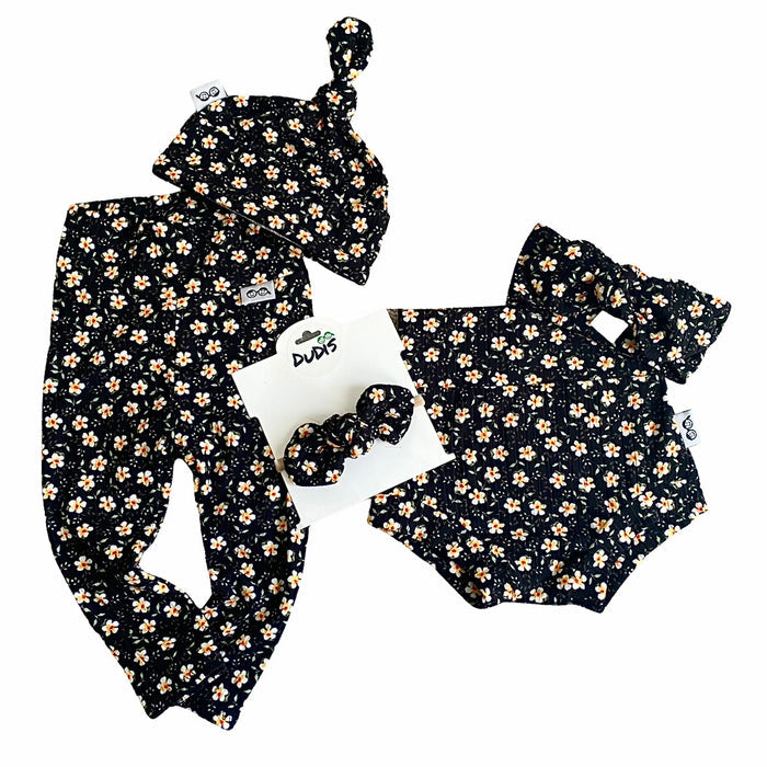 Dainty Floral Black Ribbed Leggings and/or Beanie Knot Hat