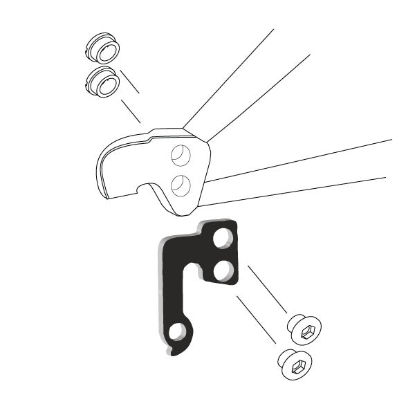 Hanger #15 attaches to the rear dropout from the outside or derailleur side using two M8 chainring bolt.
