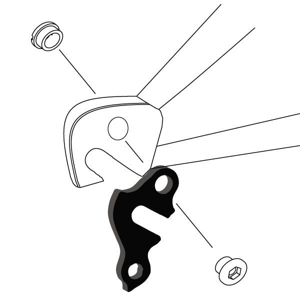 Hanger #37 attaches to the rear dropout from the outside or derailleur side using one M8 chainring bolt.