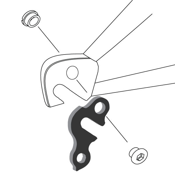 Hanger #44 attaches to the rear dropout from the outside or derailleur side using one M8 chainring bolt.