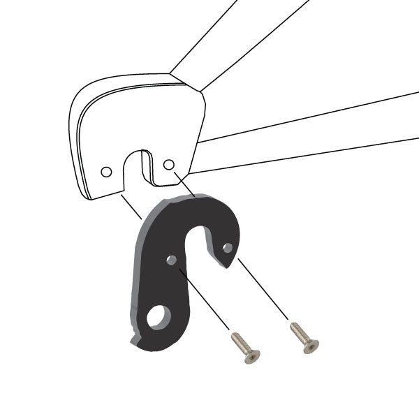 Hanger #71 attaches to the rear dropout from the outside or derailleur side using one M4x8 flat head screws.
