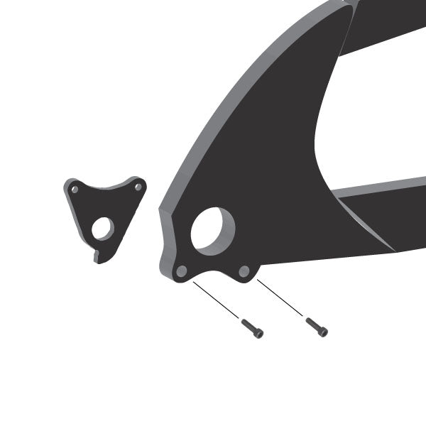 Hanger #72 attaches to the rear dropout from the inside or hub side using two M4x20 socket head screws.