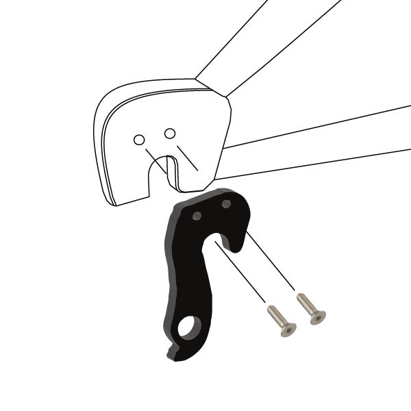 Hanger #7 attaches to the rear dropout from the outside or derailleur side using two M4x8 flat head screws.