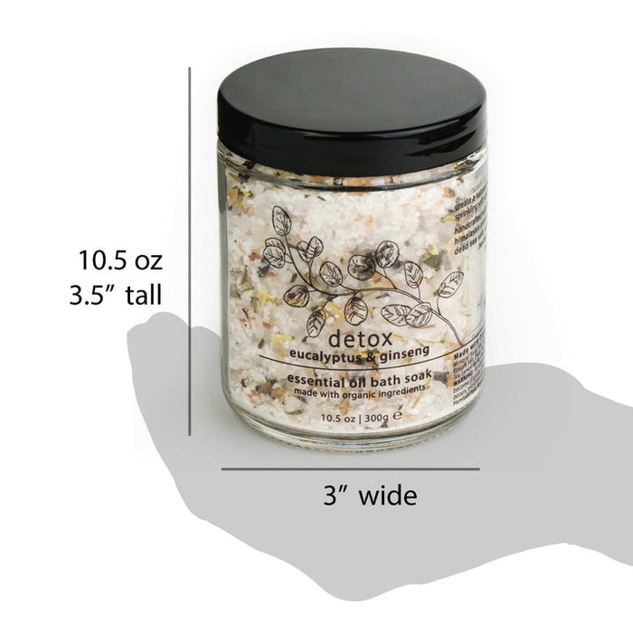 Detox bath soak jar, 10.5 oz; black lid; eucalyptus & ginseng label