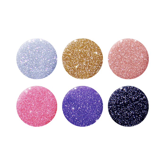 Six circular swatches of glitter gel polish colors included in the Flash Glitter System for sparkling at-home manicures