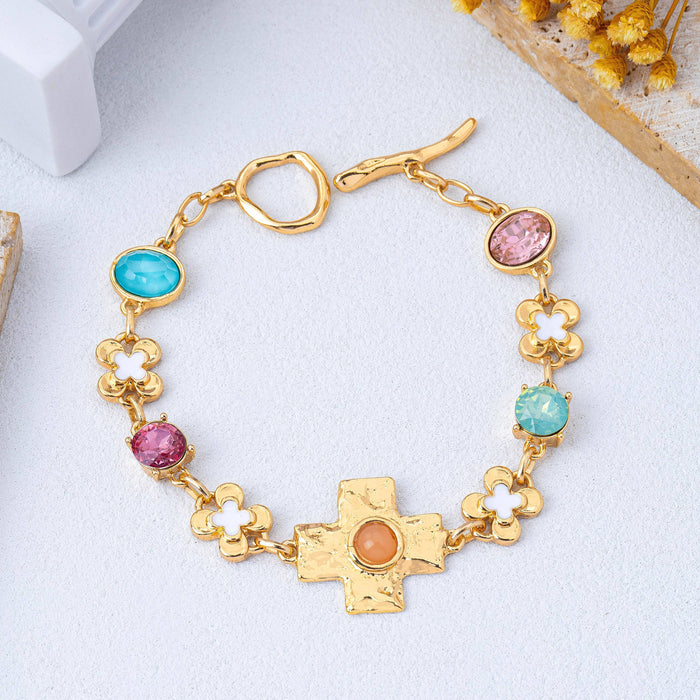 Floral Cross & Gemstone Charm Bracelet GOLD