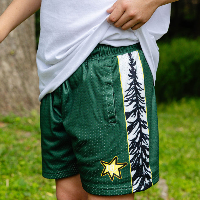 Forest Youth Shorts baseball pine tree gold star camping outfit