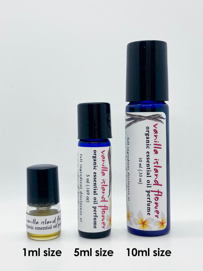 essential oil perfume bottles in 1ml, 5ml, and 10ml sizes – natural oil-based roll-on perfume by Island Deodorant.
