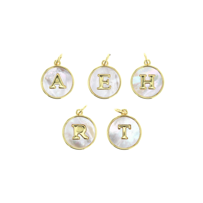 Gold-tone round mother-of-pearl initial charms with letters A, E, H, R, T