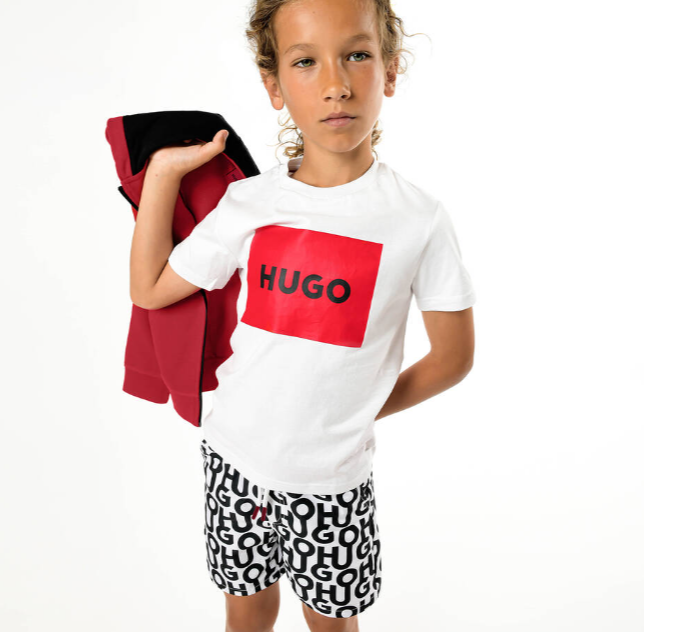 HUGO Boys Black & White Logo Swim Shorts