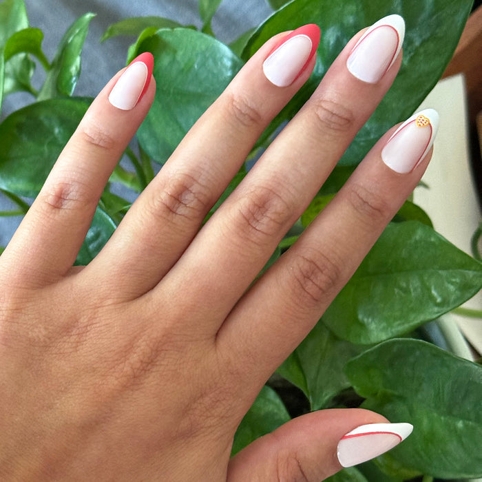 I Heart Pizza French - Press-On | Medium | Almond nails with red French tips and a small heart-shaped pizza accent on natural base