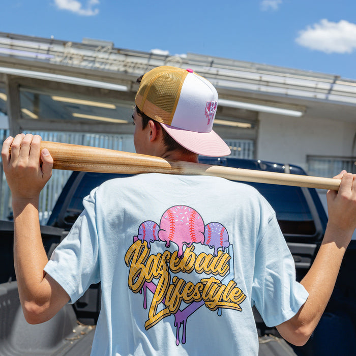 Adult model wearing blue Ice Cream Frosted graphic tee