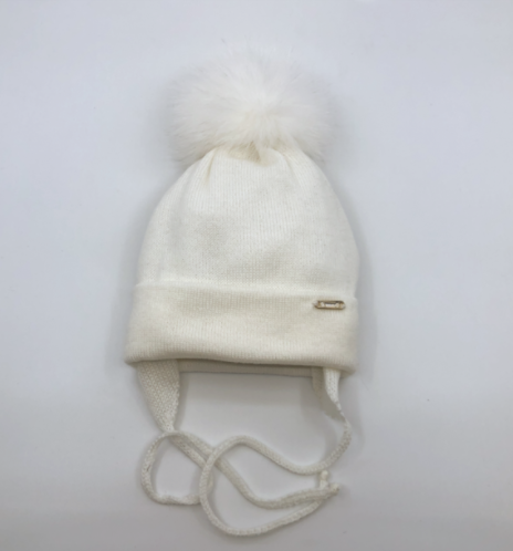 IL TRENINO WOOL BABY HAT WITH FUR POMPOM