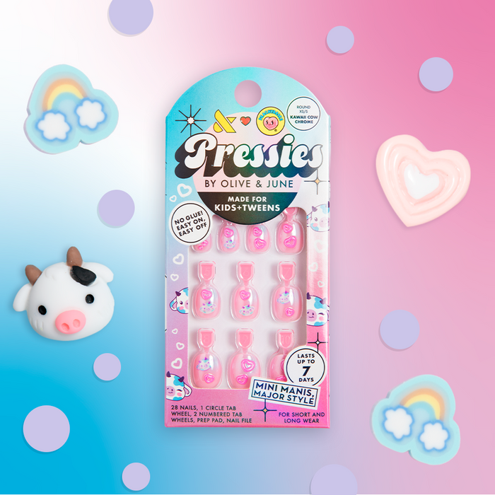 Kawaii Cow Chrome - Pressies | Extra Short Short | Round showing pink press-on nails with cute cow and heart designs in packaging