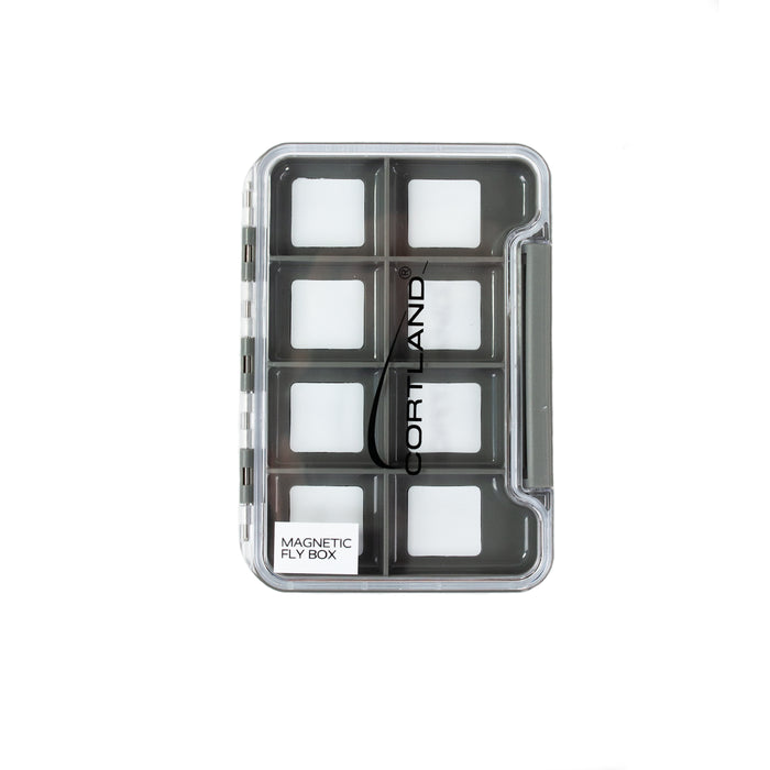 A clear magnetic fly box with a slim profile, featuring a strong magnetic back and a clear lid, allowing for easy viewing of flies inside.