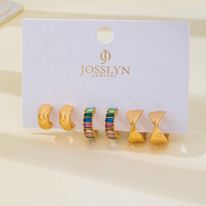 Multi Colored Baguette Twisted Hoop Trio Earring |GOLD