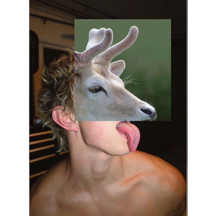 Queer collage postcard by Naro Pinosa combining a young deer's head with the face of a shirtless male figure with curly hair and tongue extended.