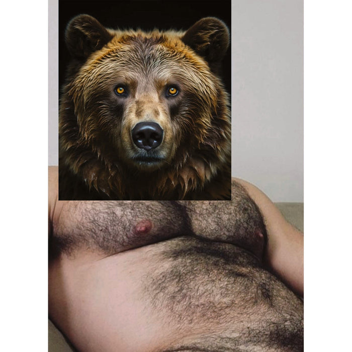 Queer art collage postcard by Naro Pinosa featuring an intense close-up grizzly bear portrait merged with a large hairy male nude torso against a neutral background.