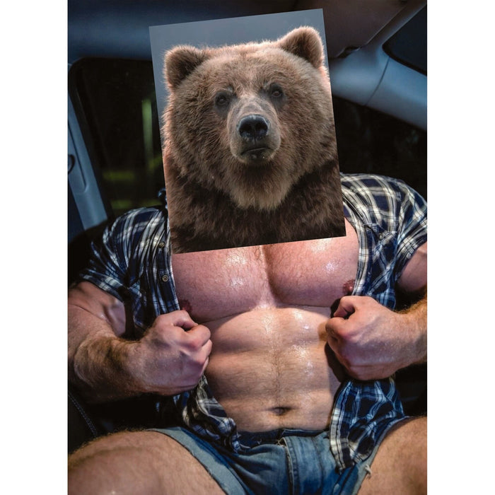 Queer art collage postcard by Naro Pinosa featuring a grizzly bear's face superimposed on a muscular male figure in an open blue plaid shirt seated in a vehicle.