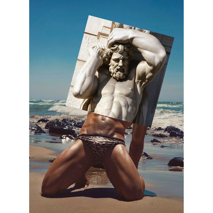 Queer collage postcard by Naro Pinosa combining a classical white marble male sculpture with a tanned muscular male body in a leopard-print bikini bottom kneeling on a beach.