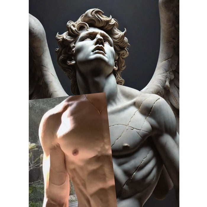 Queer art collage postcard by Naro Pinosa layering a real male torso over a large neoclassical winged male sculpture gazing upward against a dark background.