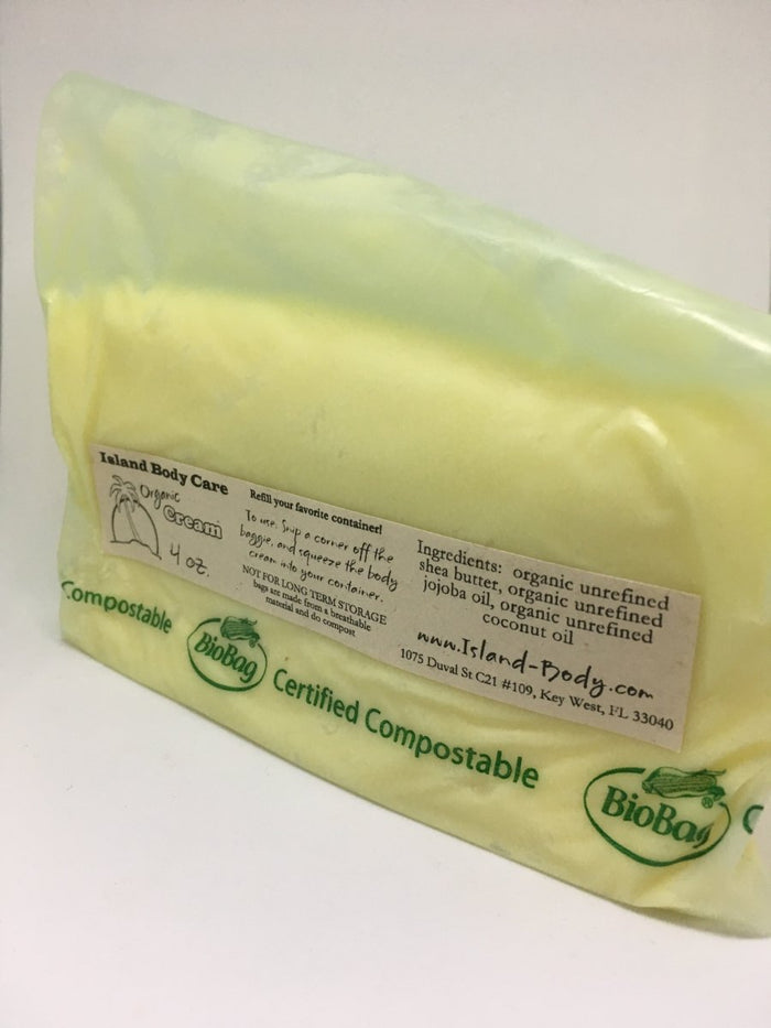 Organic body cream refill in compostable packaging, fragrance free and made with shea butter, jojoba oil, and coconut oil