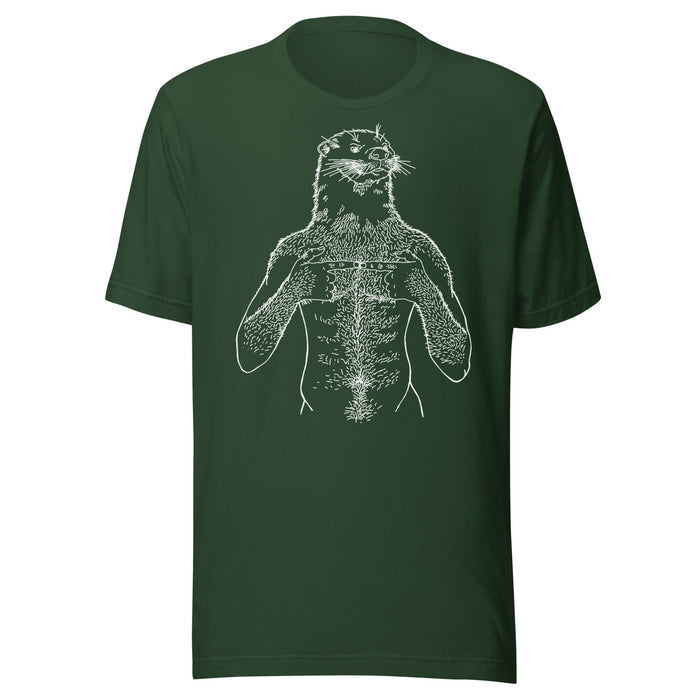 A dark green short-sleeve crewneck t-shirt featuring a white line art graphic of an otter on the front, displayed against a solid white background.