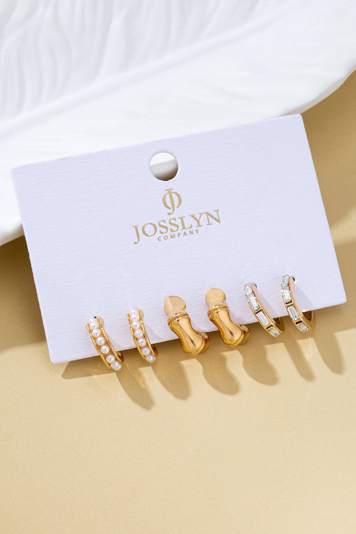 Pearl Rhinestone Multi Hoop Trio Earrings GOLD