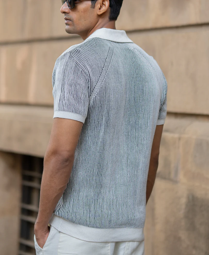 Powerlook Black & White Striped Knit Cotton T-Shirt