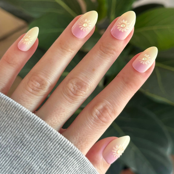 Puffy Sun Gradient - Press On | Medium | Almond nails with yellow to pink gradient and raised 3D sun design manicure