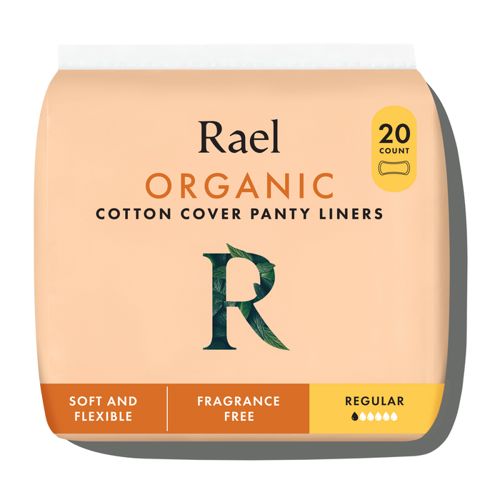 Pack of Rael organic cotton cover panty liners on a beige background