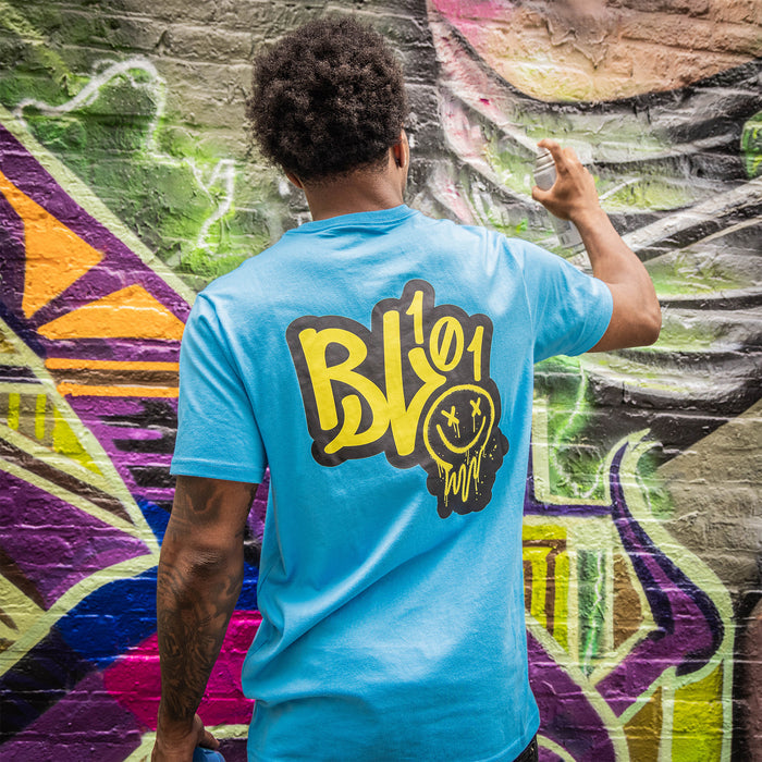 Adult model wearing blue and yellow Retro Graffiti graphic tee