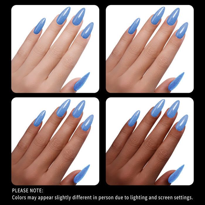 Four views of hands with blue glitter nail polish on a white background