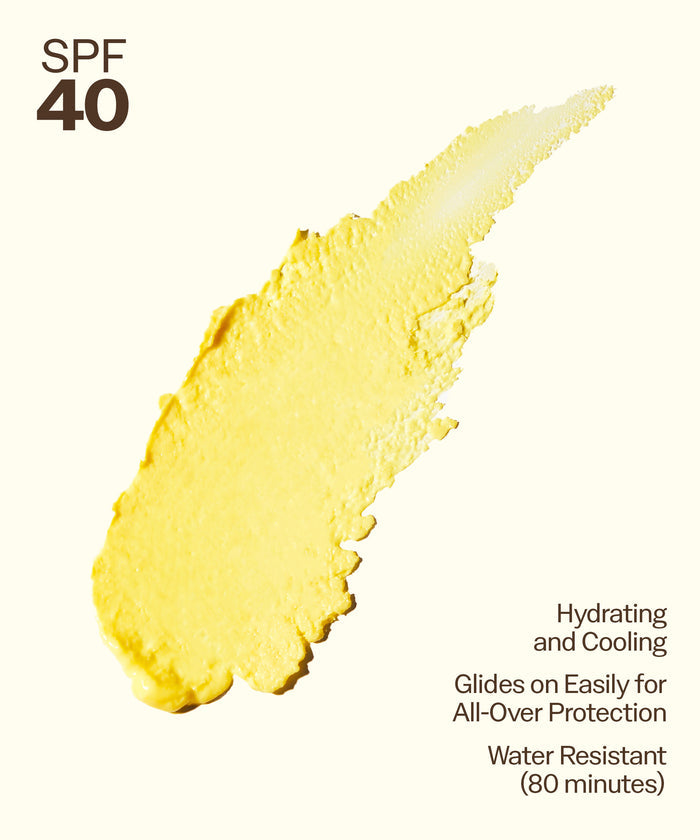 Yellow sunscreen lotion swatch highlighting hydrating, cooling, and water-resistant SPF 50 Spray + Lotion + Face and Body Stick 40 by Sun Bum