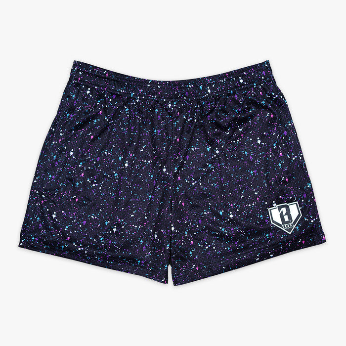 Black Splatter Galaxy youth shorts — front view