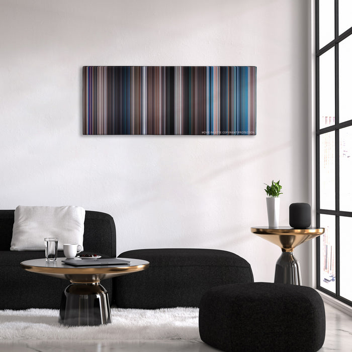 Thunderball color palette canvas above a black sofa with a gold-topped table