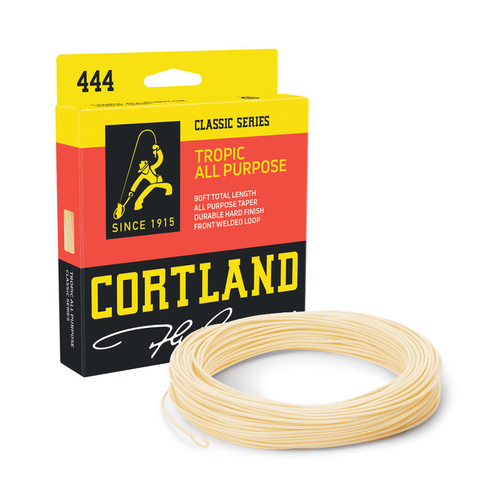 Tropic All Purpose Fly Line Box and Coil. The coil is sand color. The box is black at the bottom, red in the middle, and yellow at the top.