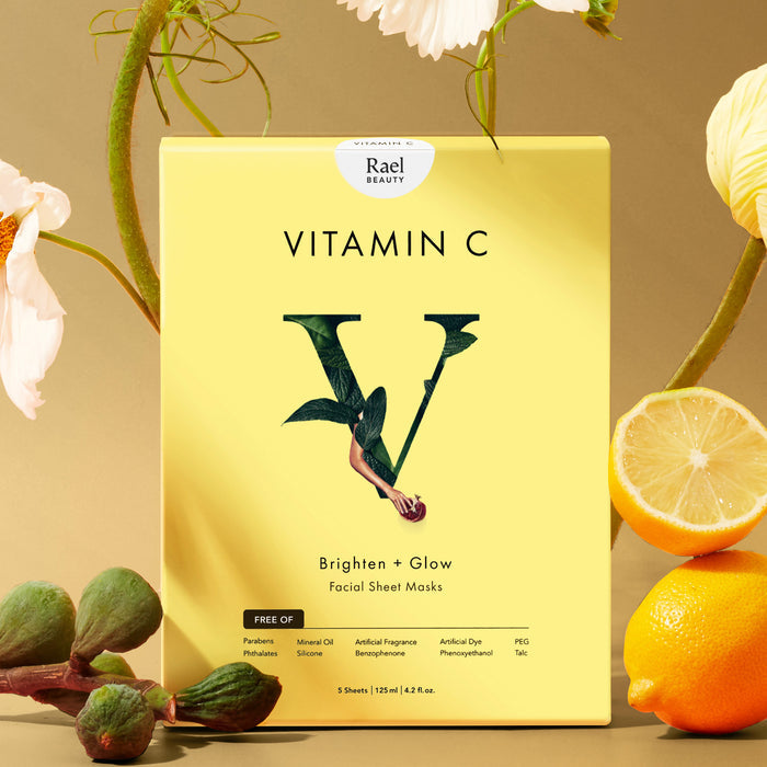Rael Vitamin C Brighten + Glow Face Sheet Masks styled with fruit and botanical elements.