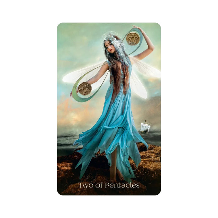 Tarot card featuring a woman in a blue dress with pentacle symbols, titled 'Two of Pentacles'.