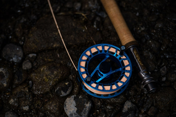 Closeup shot of a fly reel lined with 444 Peach Fly Line
