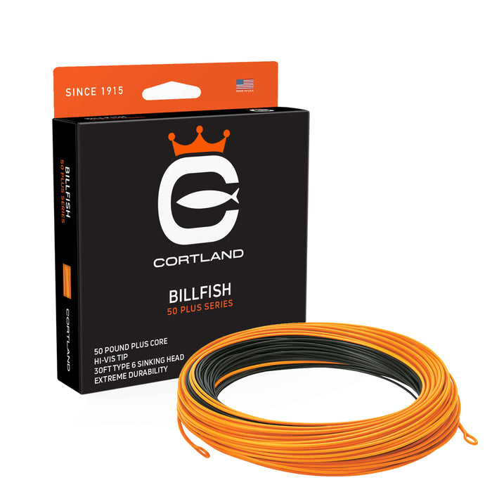 Billfish 50+ Series Fly Line Box and Coil. The coil is orange and black. The box has the Cortland logo and is black and orange.
