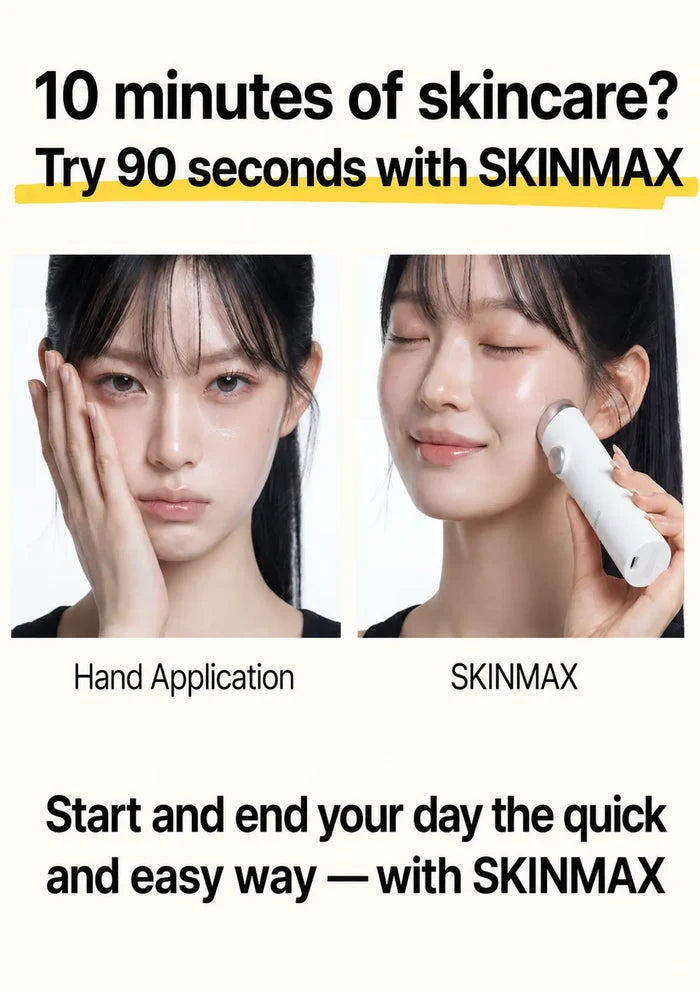 Promotional graphic for SKINMAX skincare, featuring two side-by-side photos of a woman demonstrating facial skincare application. The left panel shows her touching her face under the label 'Hand Application,' and the right panel shows her using a white handheld device on her cheek under the label 'SKINMAX.