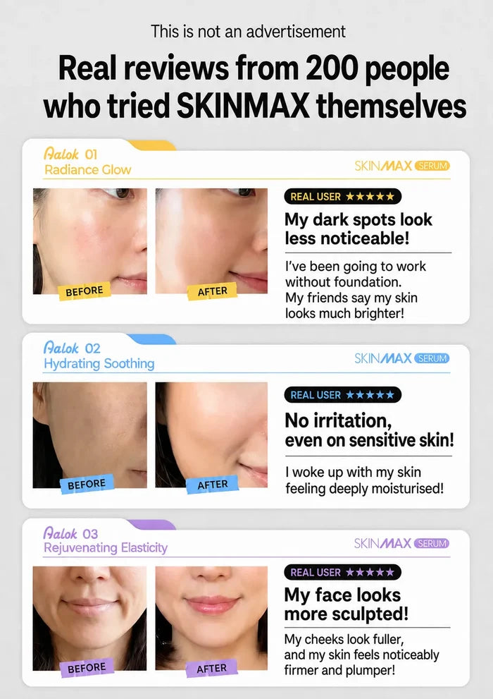A promotional graphic with the headline 'Real reviews from 200 people who tried SKINMAX themselves' above three before-and-after facial close-ups labeled Palak 01, Palak 02, and Palak 03, with SKINMAX branding on each panel.